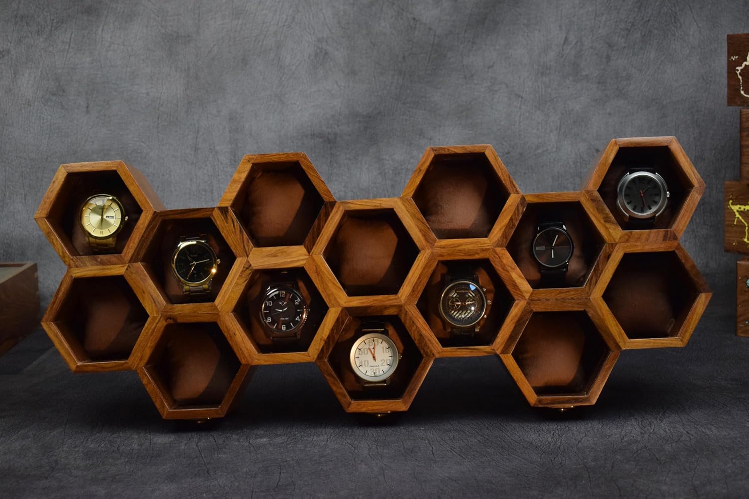 Royal Craft Expertise Hanging Wall Mounted Wooden Watch Box Organizer – 14 Slot Luxury Watch Case for Men & Women | Vintage Rosewood Honeycomb Design | Unisex Wooden Watch Storage Box