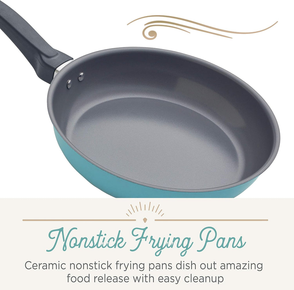 Farberware 120 Limited Edition Stainless Steel Cookware Pots and Pans Set with Prestige Kitchen Tools, 10 Piece, Aqua Blue