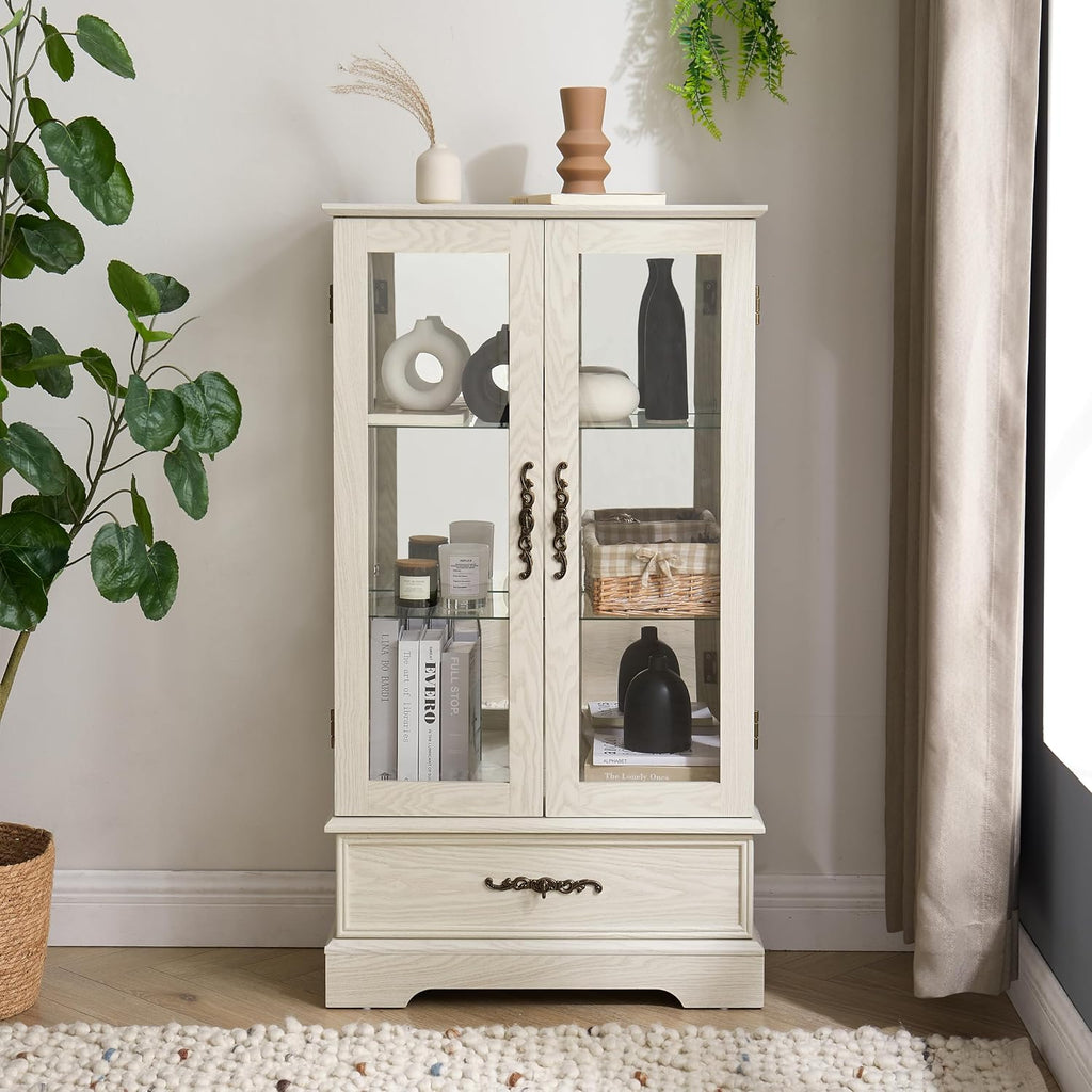 Curio Cabinet with Glass Doors Drawer, Lighted Display Cabinet with Adjustable Glass Shelves and Mirrored Back Panel, Retro Floor Standing Glass Storage Cabinet for Living Room, Antique White