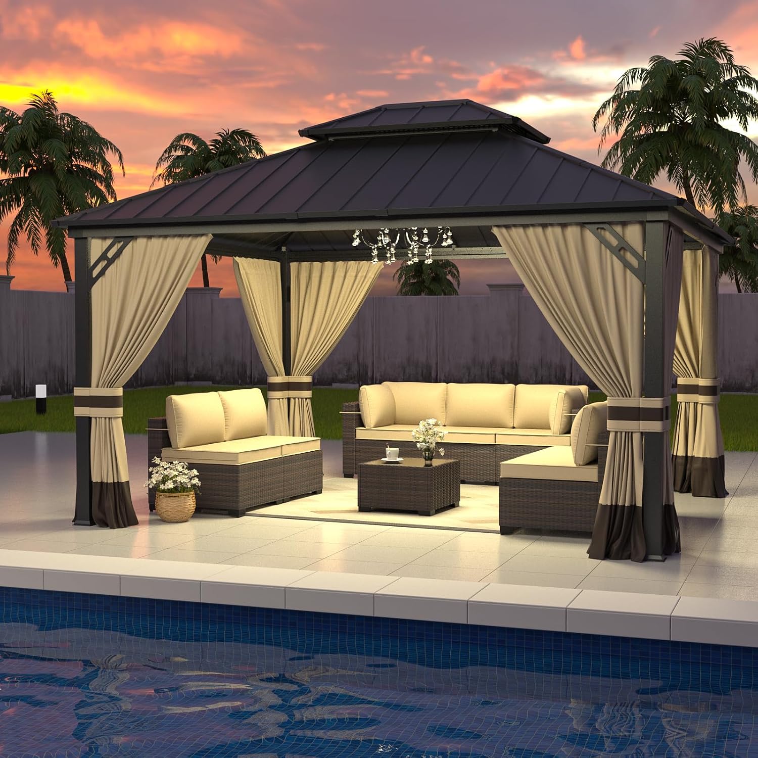 ALAULM 12'x14' Hardtop Gazebo, Outdoor Double Roof Canopy with Netting and Curtains, Galvanized Metal Frame, Sunshade for Patio, Backyard, Deck and Lawns-Sand
