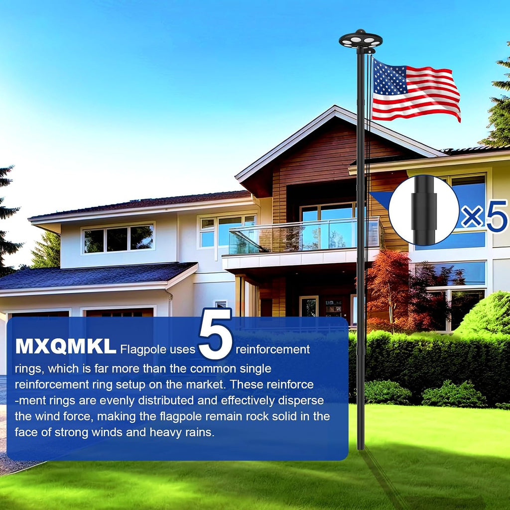 25FT Heavy Duty Flag Pole Kit with Solar Light,14 Gauge Flag Pole for Outside House in Ground Thick Aluminum Flagpoles with 136 LED Light & 3x5 American Flag with Pole for Outside Ip67 Waterproof