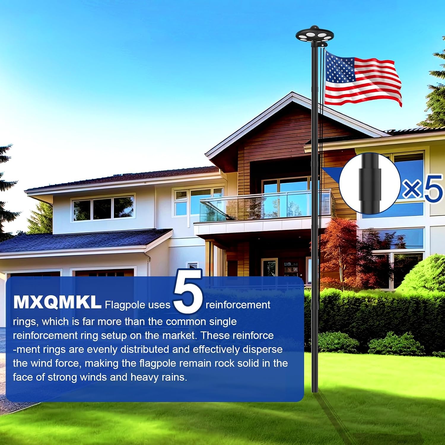 25FT Heavy Duty Flag Pole Kit with Solar Light,14 Gauge Flag Pole for Outside House in Ground Thick Aluminum Flagpoles with 136 LED Light & 3x5 American Flag with Pole for Outside Ip67 Waterproof