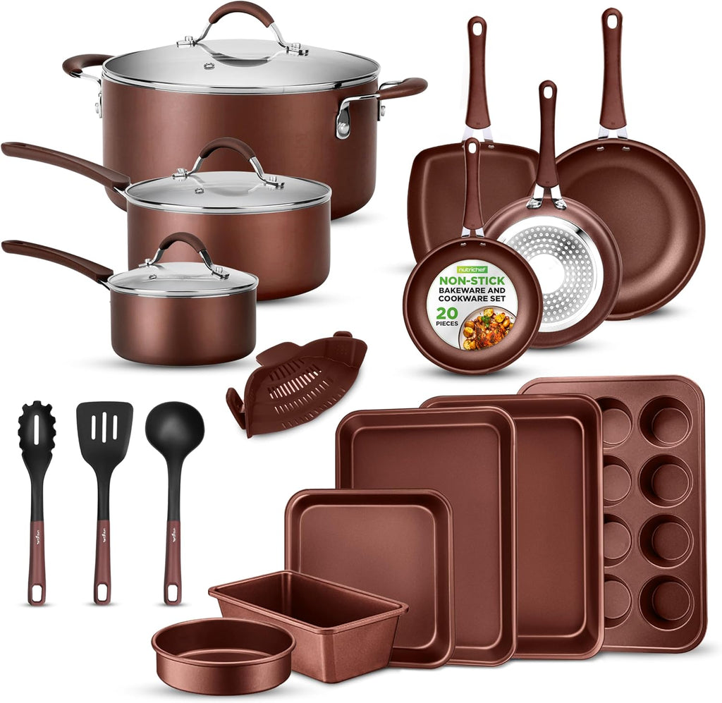 NutriChef Kitchenware Pots & Pans Set – High-qualified Basic Kitchen Cookware Set, Non-Stick (20-Piece Set)