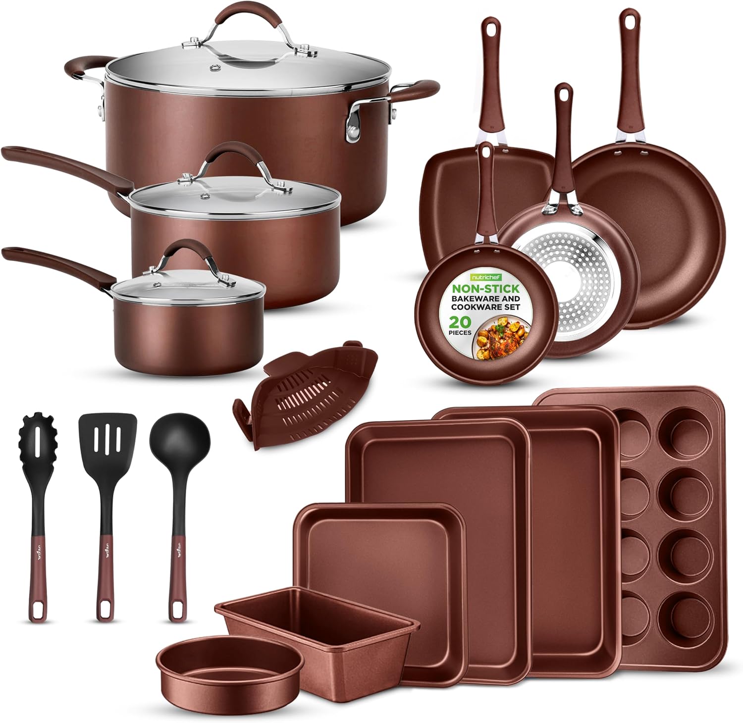 NutriChef Kitchenware Pots & Pans Set – High-qualified Basic Kitchen Cookware Set, Non-Stick (20-Piece Set)