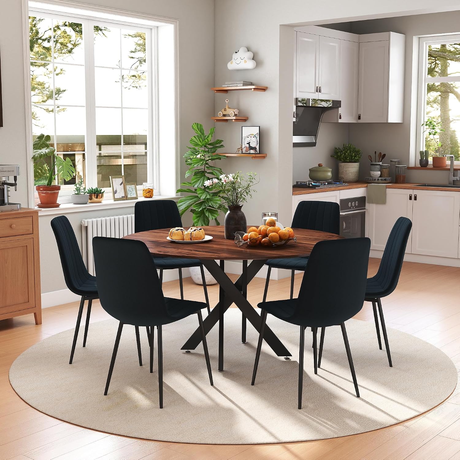 RGZ 47' Round Table Set for 6, 7 PCS Modern Wooden Circle Dining Table for 2-6, Walnut Round Dining Table with Steel Legs & 6 Black Velvet Upholstered Chairs for Dining Room, Living Room, Kitchen