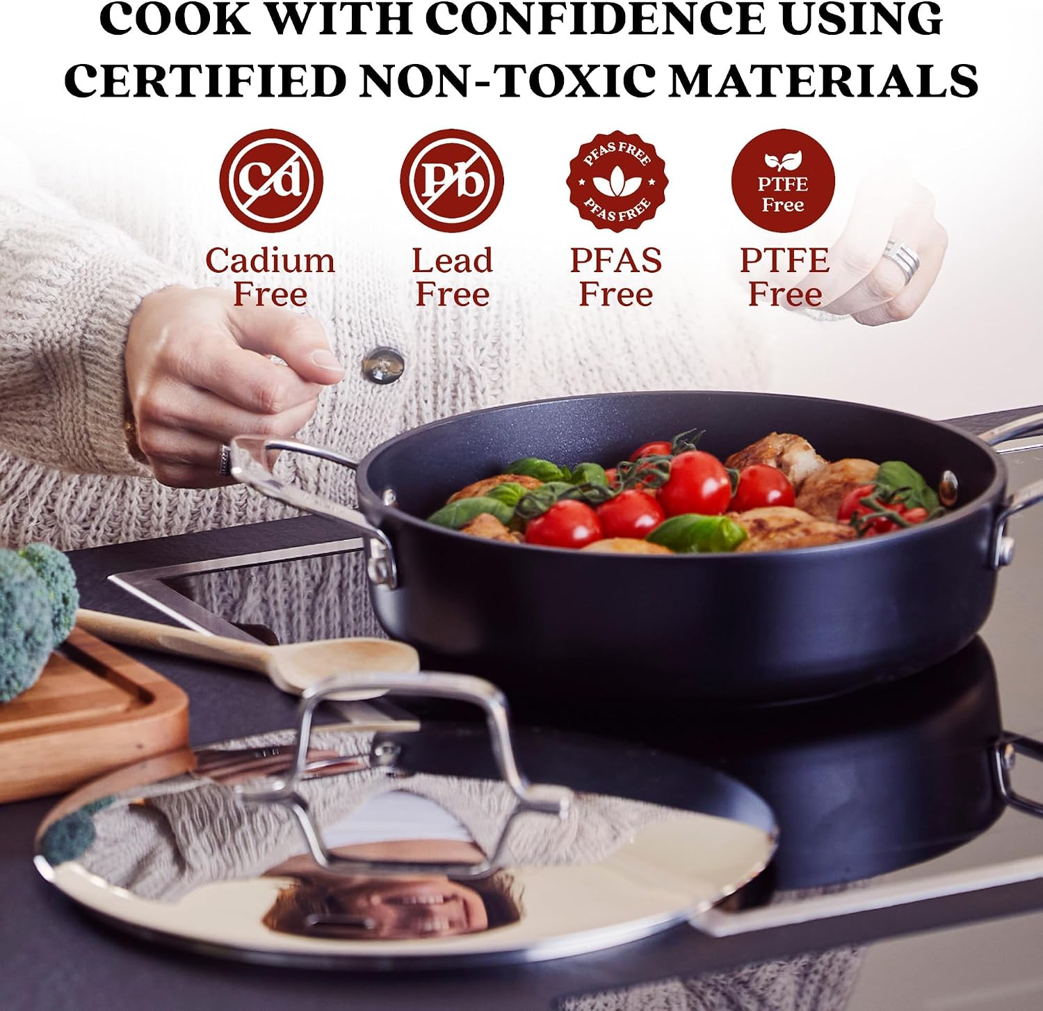 Alva Maestro Ceramic Nonstick Frying Pan Cookware Set, Non Toxic Saute and Frying Pan Set, PFAS, PFOA & PTFE Free, Compatible with All Stovetops, Induction Safe, Stay Cool Handles, Oven Safe Pans Set