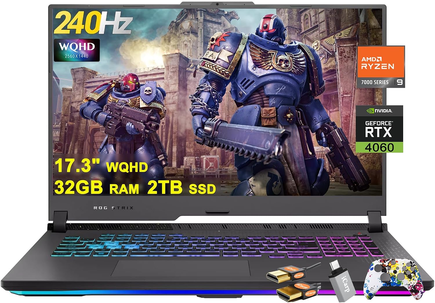 ASUS ROG Strix G17 G713 Gaming Laptop 17.3' WQHD IPS 240Hz AMD 12-Core Ryzen 9 7845HX (>i9-12900H) 32GB DDR5 2TB SSD GeForce RTX 4060 8GB USB-C RGB Backlit Fast Charging Win11 w/ICP Hub