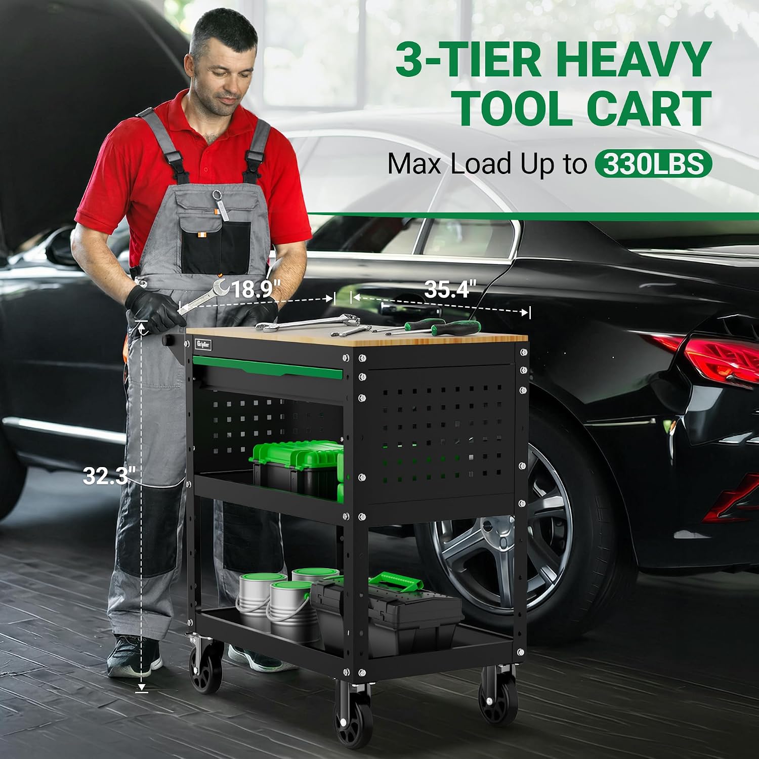 Rolling Tool Cart, 3-Tier Workshop Storage, Black Metal Frame with Wooden Top Workbench, Heavy-Duty Wheels,330LB Load Capacity Organizer Cabinet for Garage, Warehouse, Repair Shop