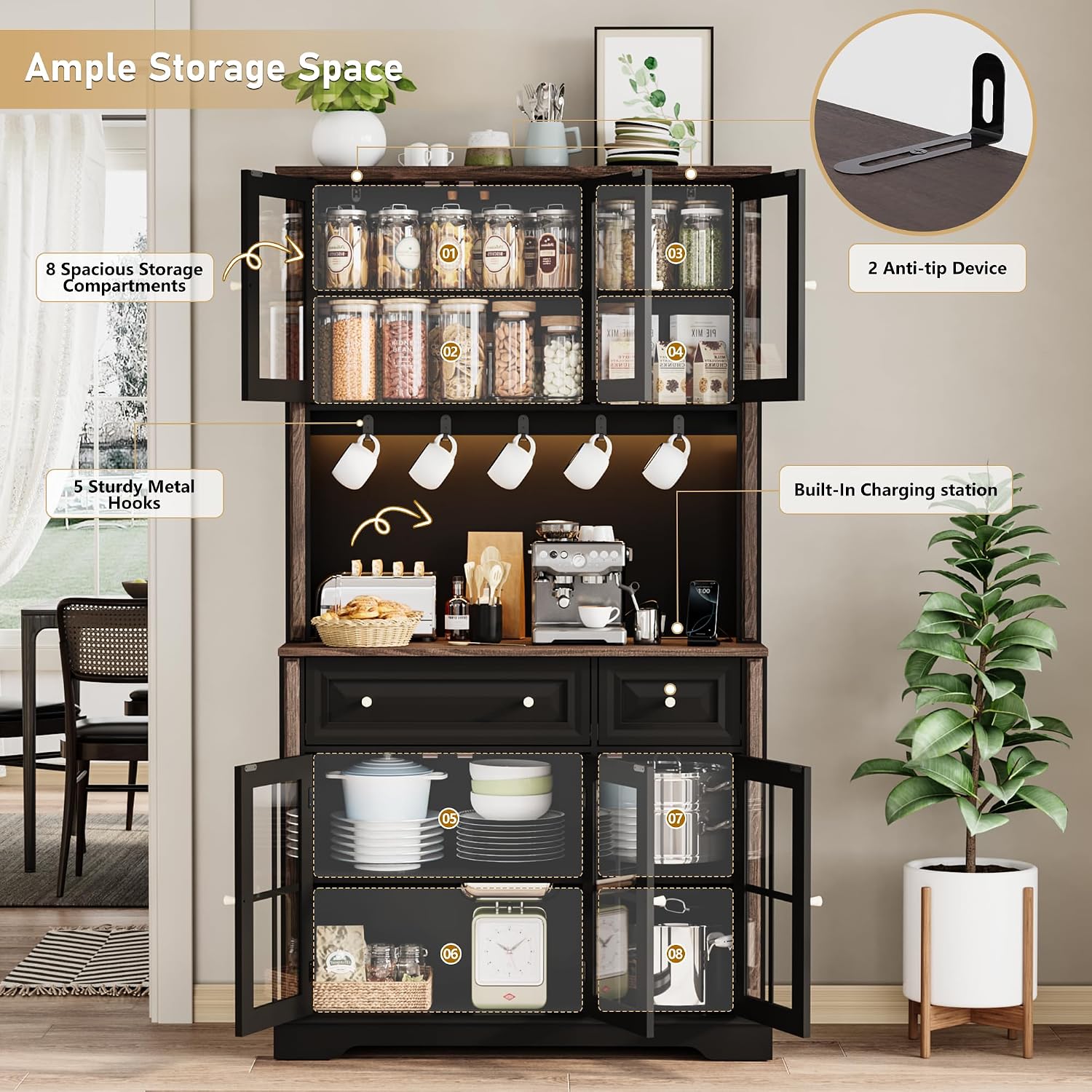 70' Kitchen Pantry Cabinet with Power Outlet| LED Lights, 38' W Kitchen Hutch Storage Cabinet with Countertop, Tall Kitchens Hutch Cabinets for Home Dining Living Room, Black