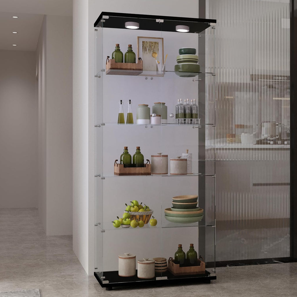 64.69' Tall Tempered Glass Display Cabinet with LED Lights, Curio Cabinet with 5 Shelves with 2 Door, Quick-Install Style Floor Standing Bookshelf File Cabinet for Living Room Office
