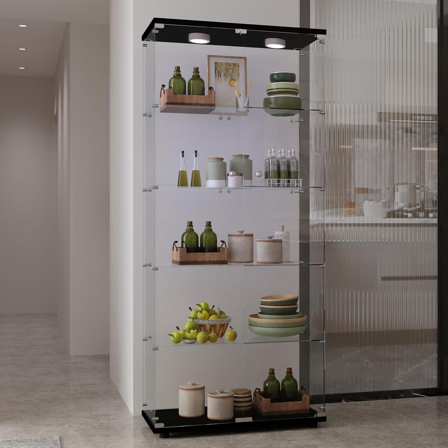 64.69' Tall Tempered Glass Display Cabinet with LED Lights, Curio Cabinet with 5 Shelves with 2 Door, Quick-Install Style Floor Standing Bookshelf File Cabinet for Living Room Office