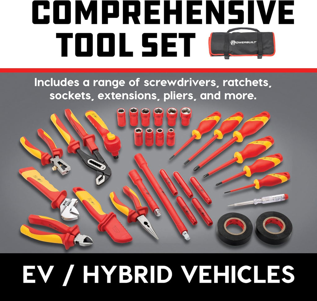 Powerbuilt 33-Piece VDE Tool Set, Insulated Ratchet, Screwdrivers, Sockets, Acessories, High-Voltage Electrical and Hybrid Vehicles, Home Repair, Certified High-Quality - 642938