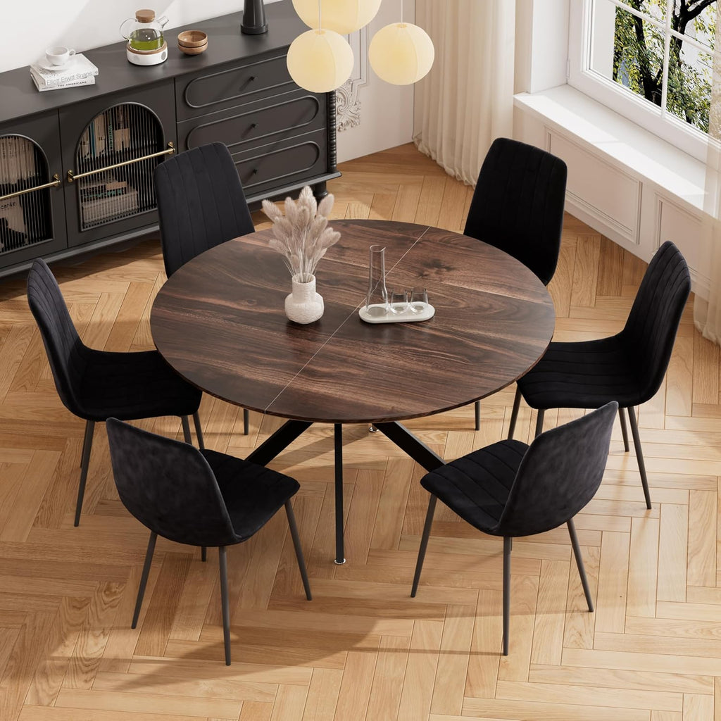 RGZ 47' Round Table Set for 6, 7 PCS Modern Wooden Circle Dining Table for 2-6, Walnut Round Dining Table with Steel Legs & 6 Black Velvet Upholstered Chairs for Dining Room, Living Room, Kitchen