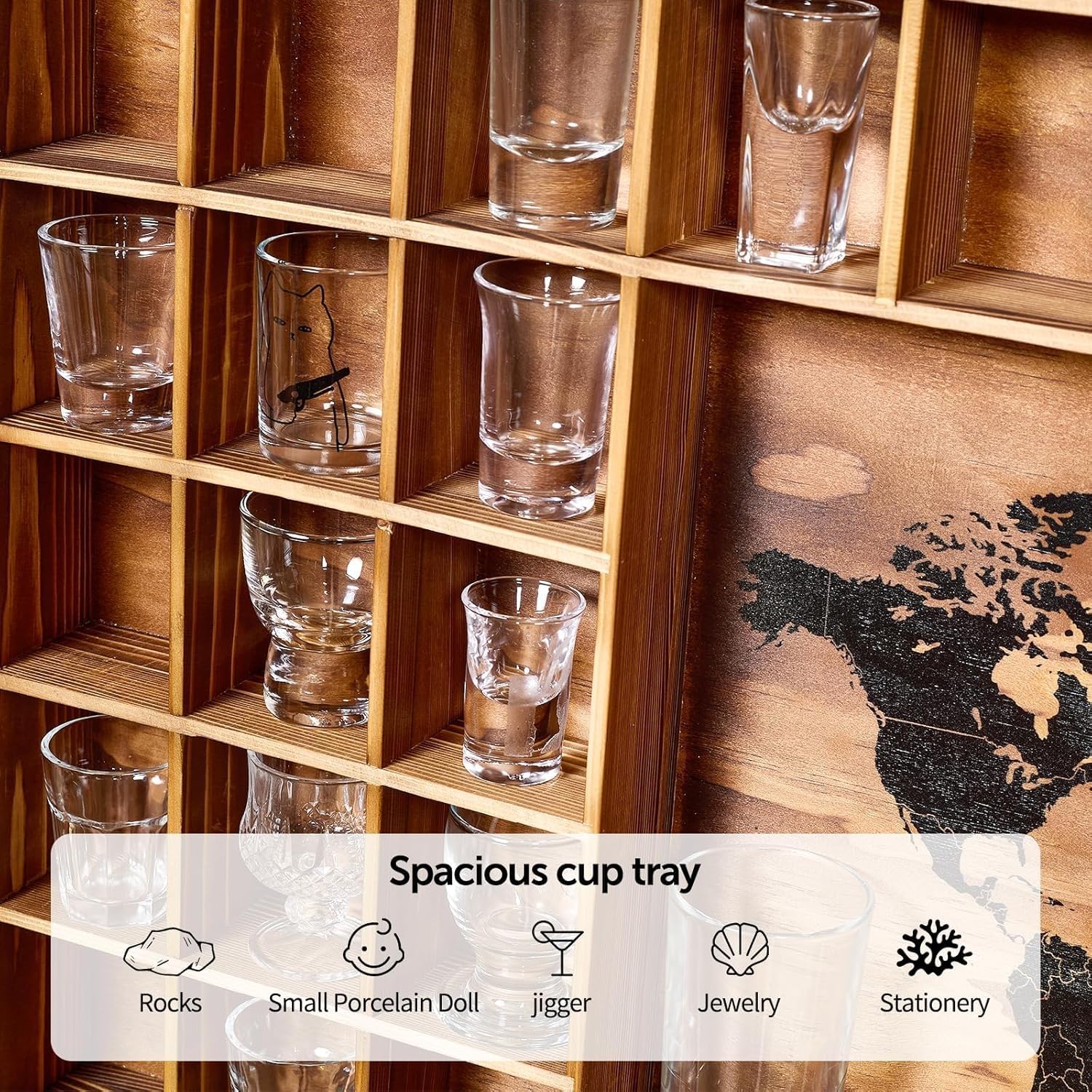 Large World Map Shot Glass Display Case 60 Slots with Acrylic Glass Door, 34 x 26''Rustic Brown Wood Holder for 2 Different Size Shot Glasses, Bars Wine Cellars Used for Jewelry Stones Shell