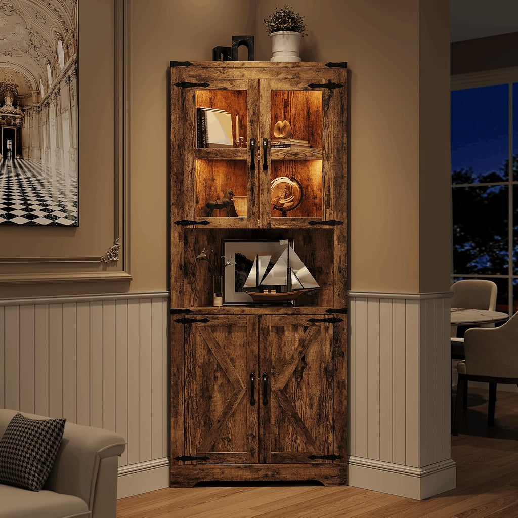 GarveeHome 67 in Tall Corner Storage Cabinet with Lights, Farmhouse Corner Hutch Display Cabinet with Glass Doors, Wooden Storage Organizer for Kitchen, Living Room, Bathroom, Brown