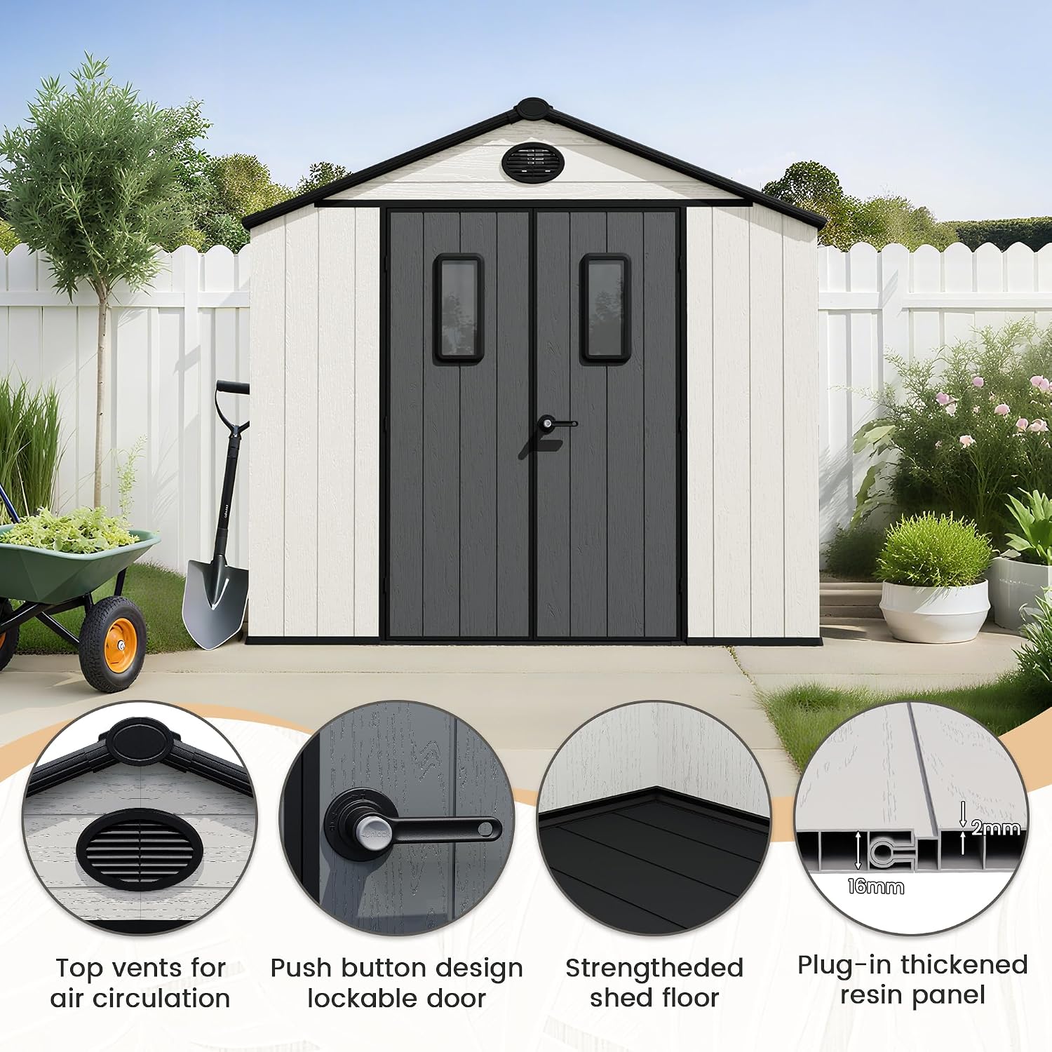 8 x 6 FT Plastic Outdoor Storage Shed with Floor,Garden Resin Shed with Window and Lockable Door, Outside Sheds for Bike, Garbage Can, Tool