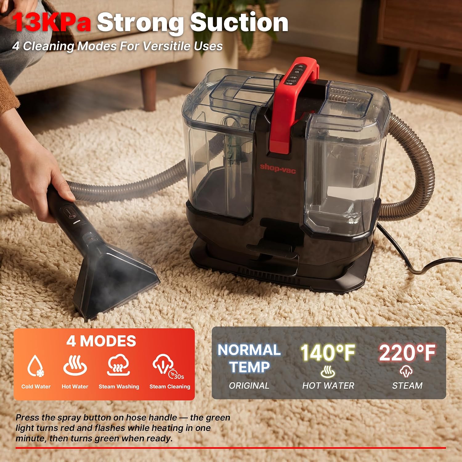 Shop-Vac Portable Carpet Cleaner Machine with 212℉ Steam & Heating System, 4 Cleaning Modes Upholstery Cleaner with Versatile Tools for Car, Rug, Couch, Bathroom, Kitchen Messes, 5430270