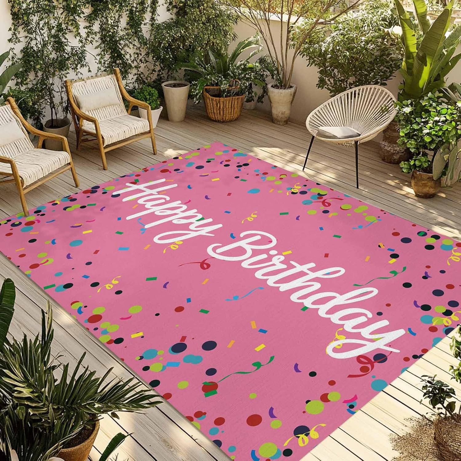 Outdoor Rug 4x6ft Colorful Happy Birthday Patio Area Rugs Waterproof Easy Cleaning Non Shedding Thick Mats Pink Carpet for Indoor Outdoor Porch Deck Backyard Balcony