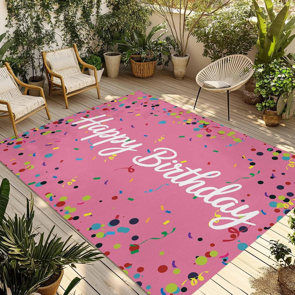 Outdoor Rug 5x8ft Colorful Happy Birthday Patio Area Rugs Waterproof Easy Cleaning Non Shedding Thick Mats Pink Carpet for Indoor Outdoor Porch Deck Backyard Balcony