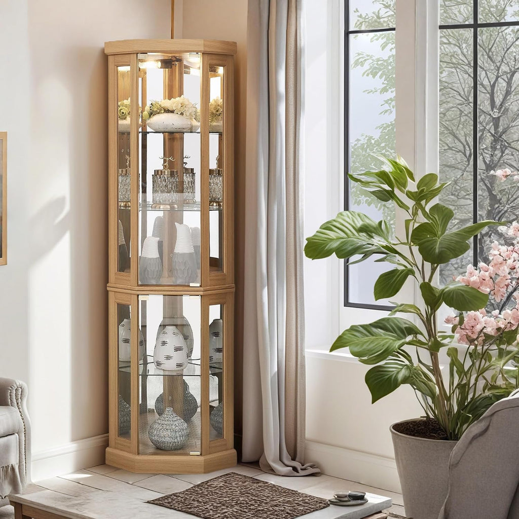 70' Lighted Corner Curio Cabinet, Wood China Display Case with Tempered Glass Doors & Adjustable Shelves, Light Bulb Included, Tall Wine Storage Rack for Bar and Liquor Storage (Light Oak)