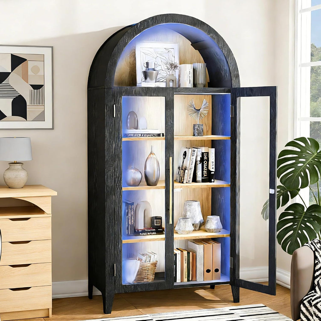 71'H Arched Storage Cabinet with Glass Doors, Modern Display Cabinet with 3 Color Light & Human Body Sensor, 5 Tier Kitchen Pantry Cupboard for Living Room, Dining Room, Black & Oak