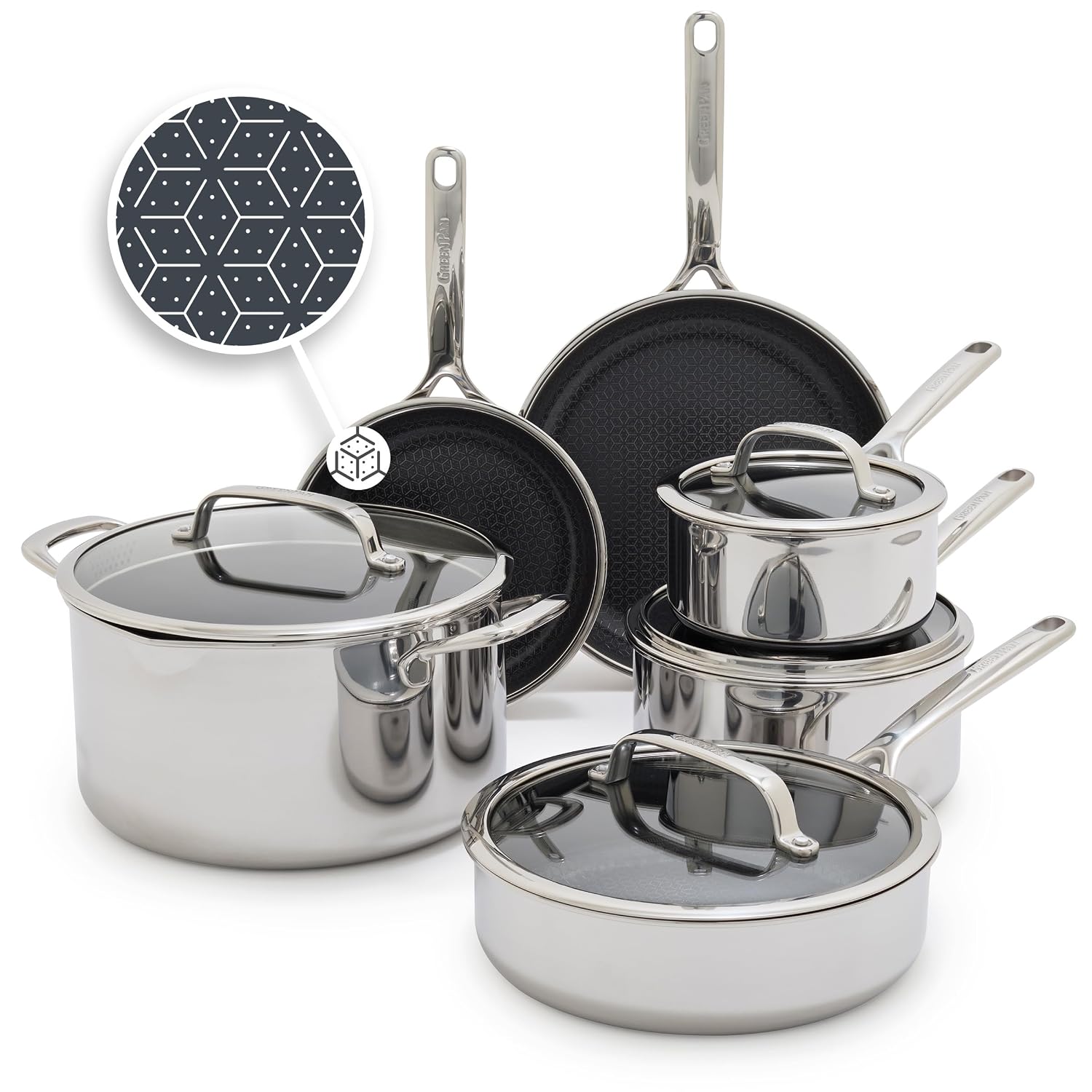 GreenPan Spectra 10 Piece Cookware Set,Hybrid Tri-Ply Stainless Steel, PFAS-Free Ceramic Nonstick Textured Cooking Surface,Induction Pots & Pans with Lids, Dishwasher Safe,Oven & Broiler Temp to 850˚F