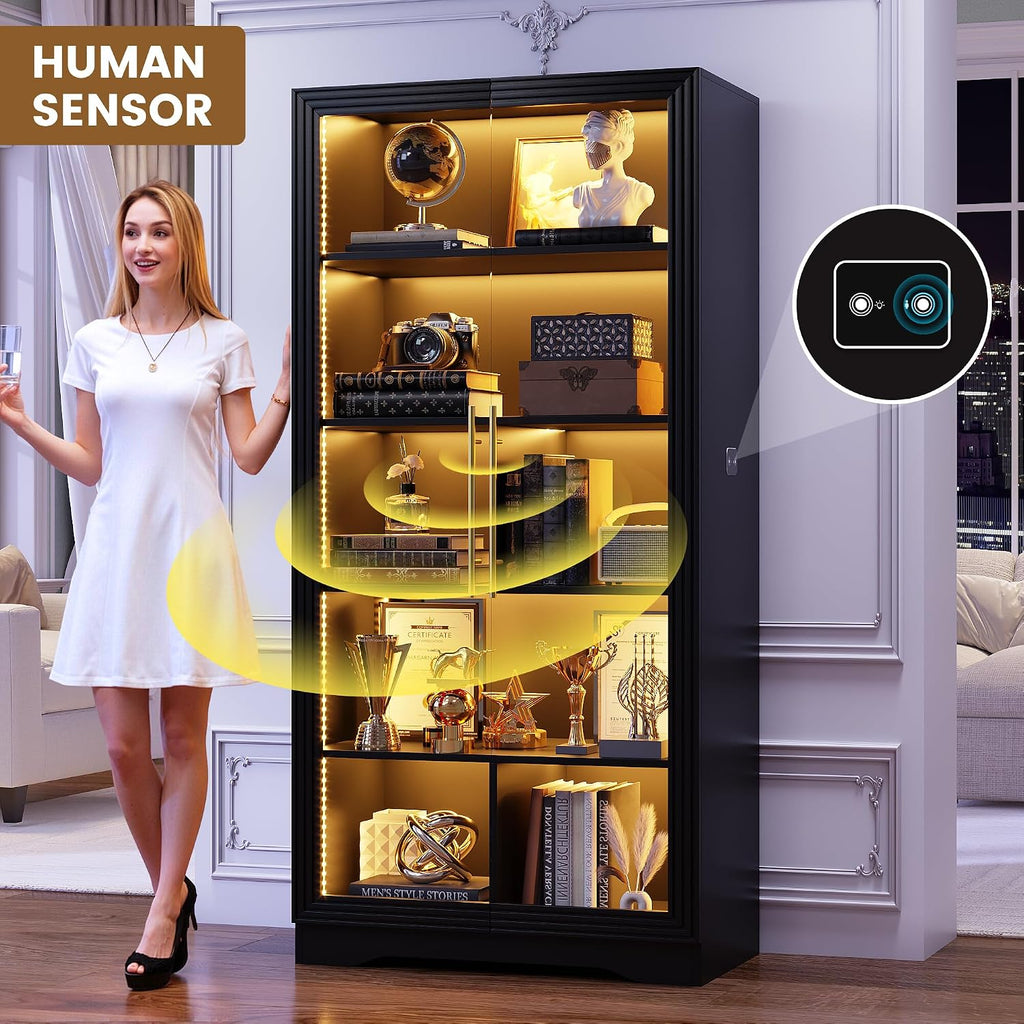 LVSOMT Display Cabinet with Glass Doors and Adjustable Shelves, 65' Tall Bookcase with LED Lights and Human Sensor, 5 Tier Display Case for Collectibles with Storage, Home Office Living Room, Black
