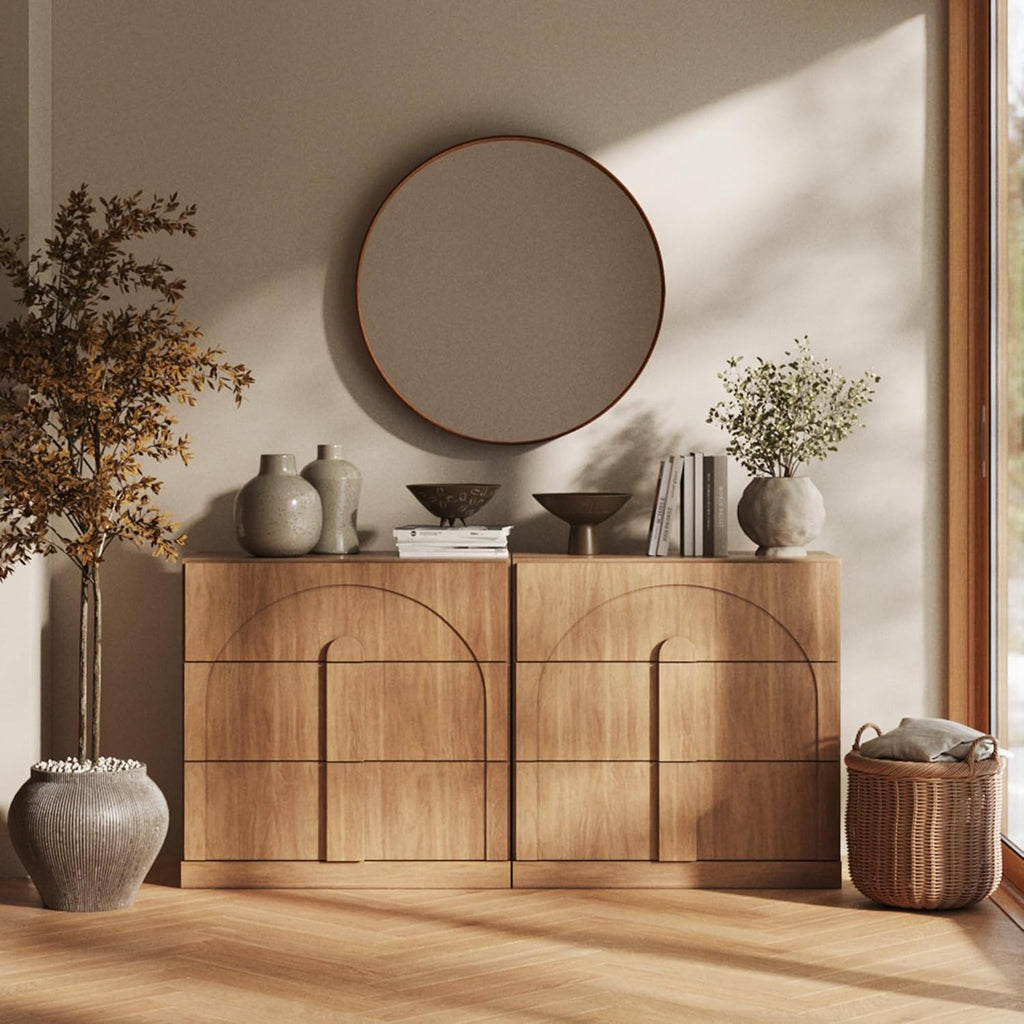 BELLEZE Sideboard Cabinet with 3 Drawers, Set of 2 Modern Wood Buffet Cabinet with Arc Design, Large Fluted Sideboard with Storage for Dining Room Living Room Entryway, Camel