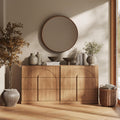 BELLEZE Sideboard Cabinet with 3 Drawers, Set of 2 Modern Wood Buffet Cabinet with Arc Design, Large Fluted Sideboard with Storage for Dining Room Living Room Entryway, Camel