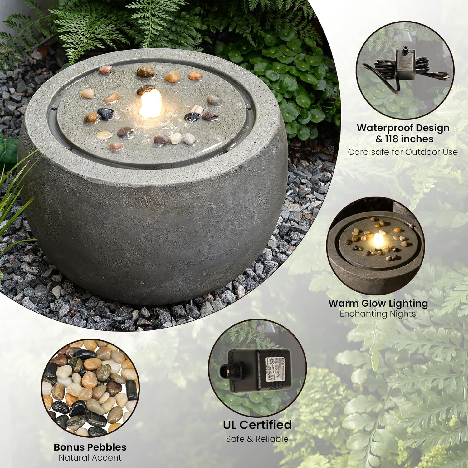Tankana Garden Water Fountain Outdoor Bubbler Water Feature Indoor with Lights & Pump and Pebbles Waterfall Fountains Concrete Effect for Patio Deck Yard Home Decor Gray, 18 'L x 18' W x 11.5' H