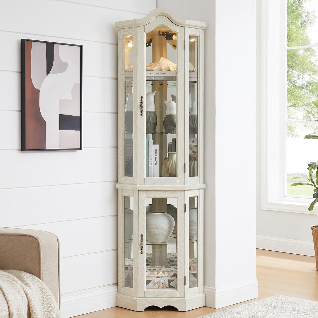 70' Lighted Corner Curio Cabinet,Inside Mirror Corner Glass Display Case with Tempered Glass Door for Living Room, Antique Collectibles, Wine & Bar Glass Storage, Lights Included