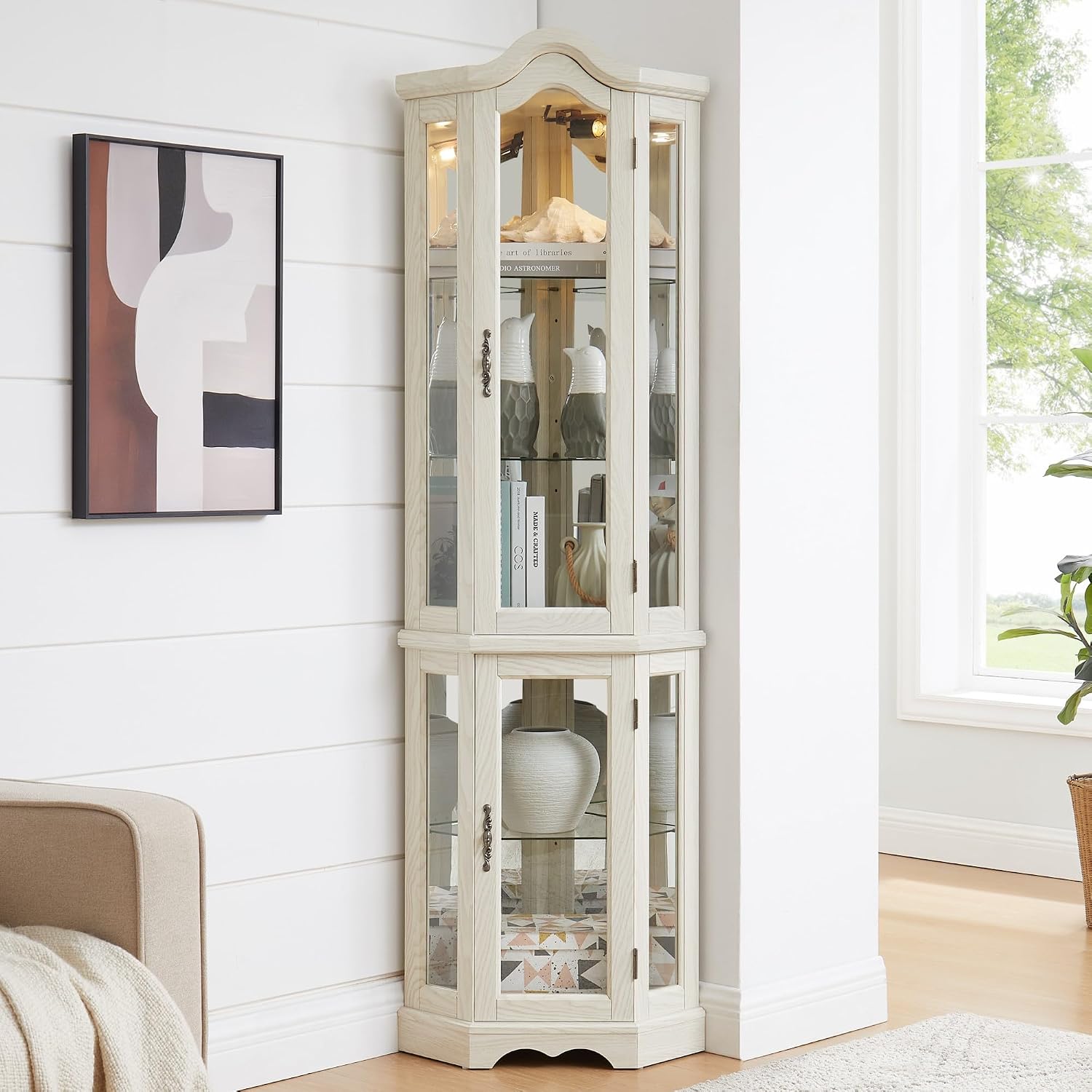 70' Lighted Corner Curio Cabinet,Inside Mirror Corner Glass Display Case with Tempered Glass Door for Living Room, Antique Collectibles, Wine & Bar Glass Storage, Lights Included