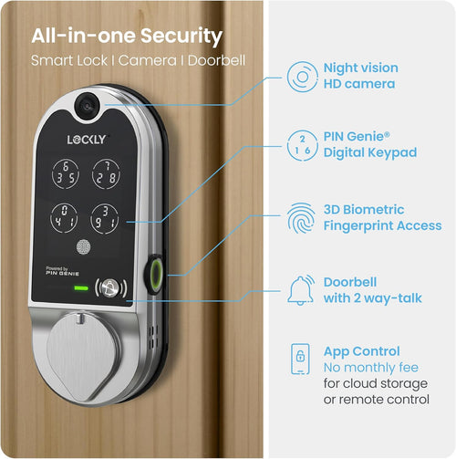 (Refurbished) Lockly Vision Smart Lock with Camera, Video Doorbell Keyless Entry Door Lock Wi-Fi, PIN Genie Keypad, Fingerprint, Auto Lock, Remote Control, Easy Installation, No Monthly Fee