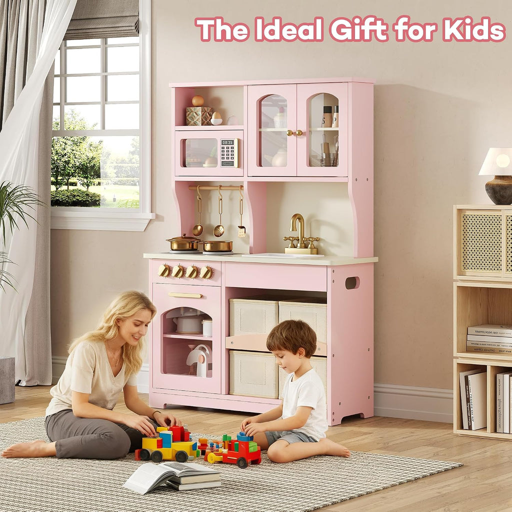 knoworld Play Kitchen for Kids, Wooden Toy Kitchen Set with Smart Storage & Accessories, Toddler Kitchen Playset with Stove & Oven, Pretend Play Set, Gift for Ages 3-8, Pink