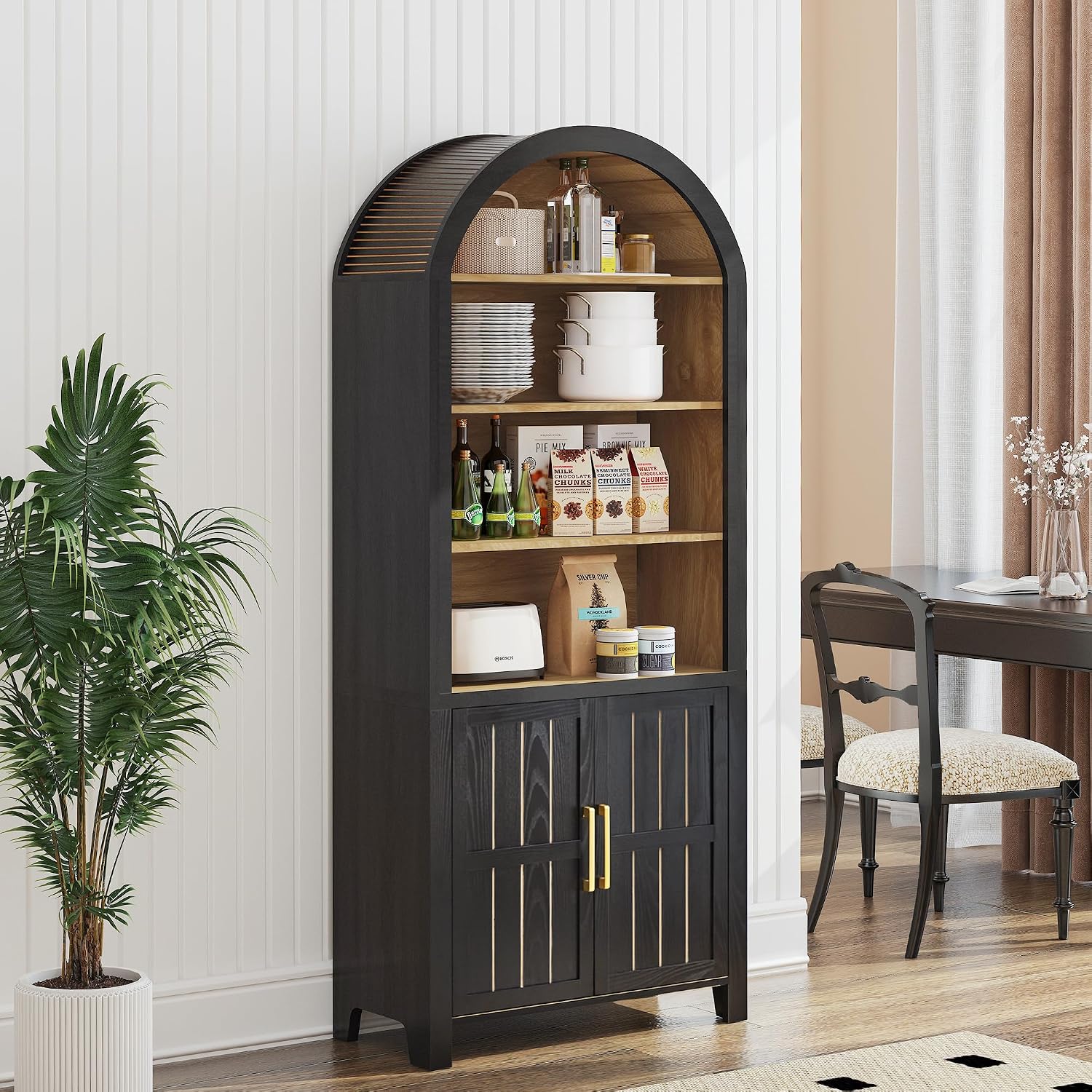 71' Tall Arched Bookcase, Arch Bookshelf with Doors , Modern Farmhouse Book Shelf Storage Cabinet with Adjustable Shelves, Wood Bookshelf w/Open Display for Living Room, Office Decor (Black/Natural)