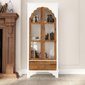 Carved Storage Cabinet with 2 Glass Doors & Drawer, Pooja Mandir with 3-Tier Shelves, Decorative Cabinet Display Cabinets for Living Room White and Walnut (31.5'W x 15.7'D x 70.9'H)