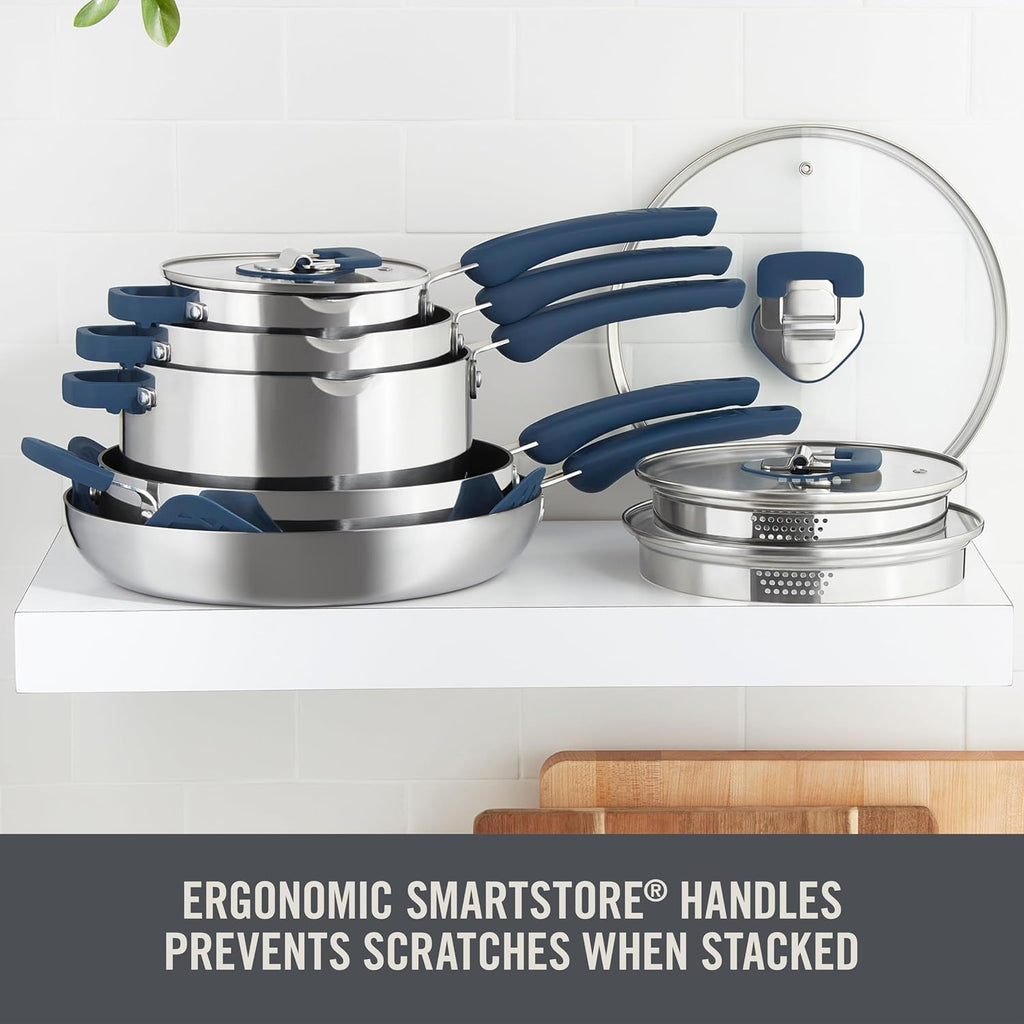 Zakarian x Dash TruPro® Stainless Steel Cookware Set - Rust-Resistant, Nonstick Cookware Set for Everyday Cooking - Straining Lid with Stackable Lids and Heat Resistant Handles - Blue, 10-Piece Set