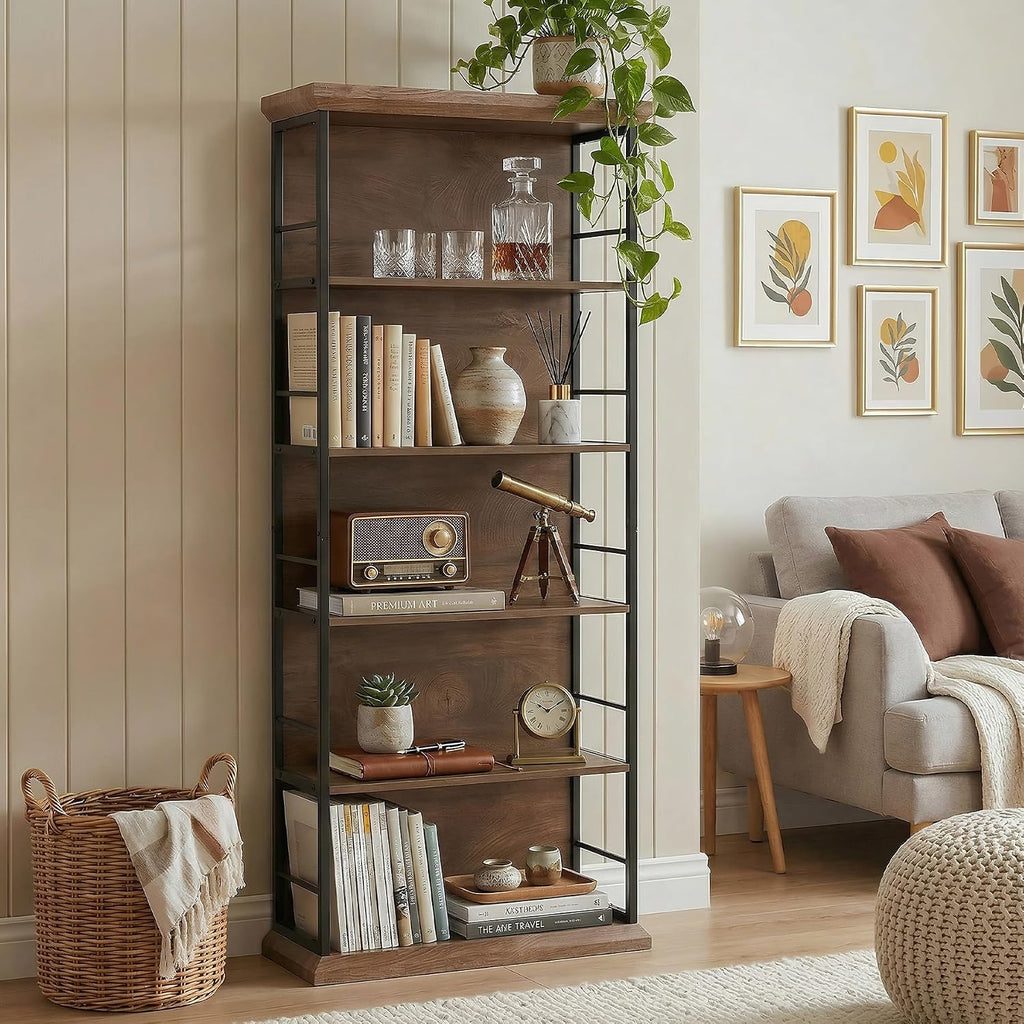 LITTLE TREE 5-Tier Bookcase, 72 Inches Farmhouse Wooden Bookshelf, Free-Standing Display Storage Shelves for Home Office, Living Room, Kitchen Room, Brown