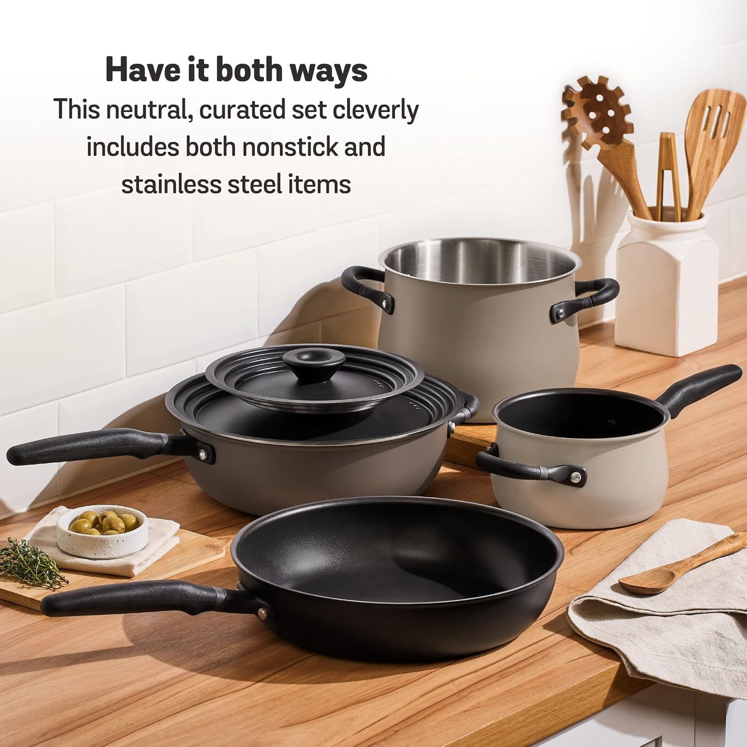 Meyer 6pc Stackable Set with Universal Lids | Hard Anodized Non Stick and Stainless Steel Pots and Pans | Induction Compatible | Dishwasher Safe | Oven Safe | Black & Gray | Accent Series Cookware