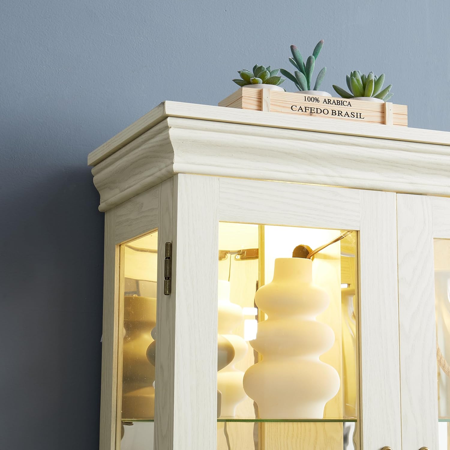 Ball & Cast Lighted Curio Cabinet,6-Tier Glass Display Cabinet with Adjustable Glass Shelves and Mirrored Back Panel for Living Room,Pantry Light Bulb Included,Antique White