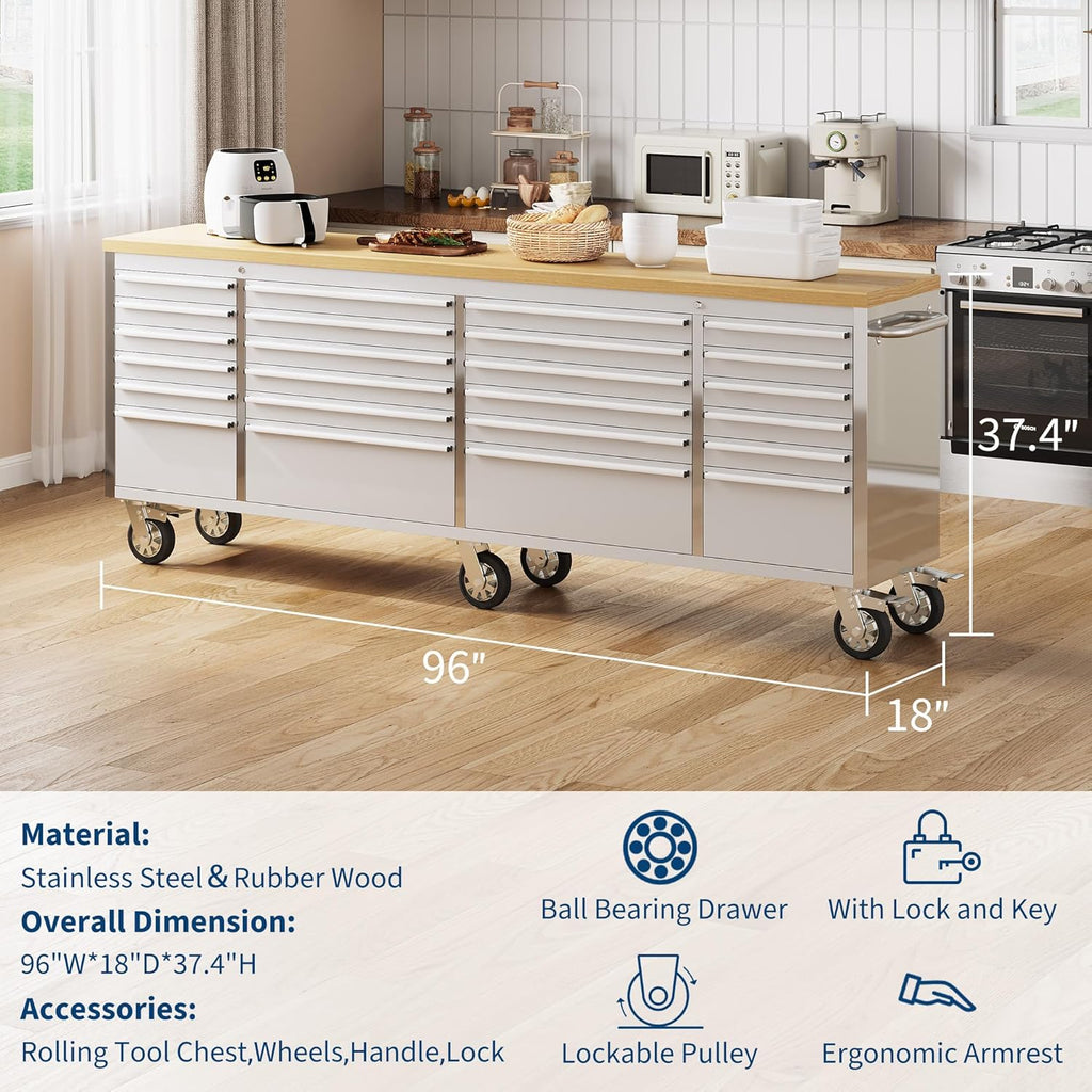 PeakPursuit 96' Rolling Tool Chest with 24 Drawers, Solid Rubber Wood Workbench Top, Locking Wheels & Key Lock, Mobile Garage Storage Cabinet for Workshop Organization, Silver
