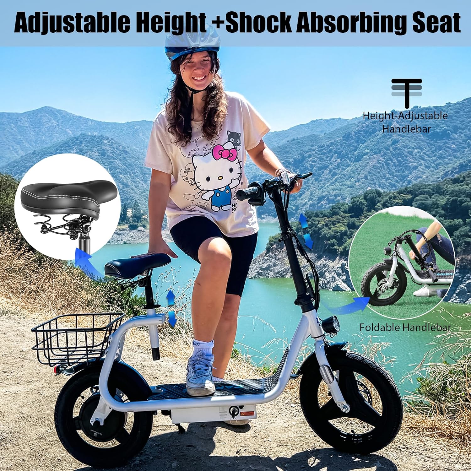 Caroma Electric Scooter with Seat for Adults, 1200W/800W Peak Motor, 30Miles Long Range & 20Mph, 14' Fat Tire Foldable E Scooter with Basket for Commuting, Grocery, Pets