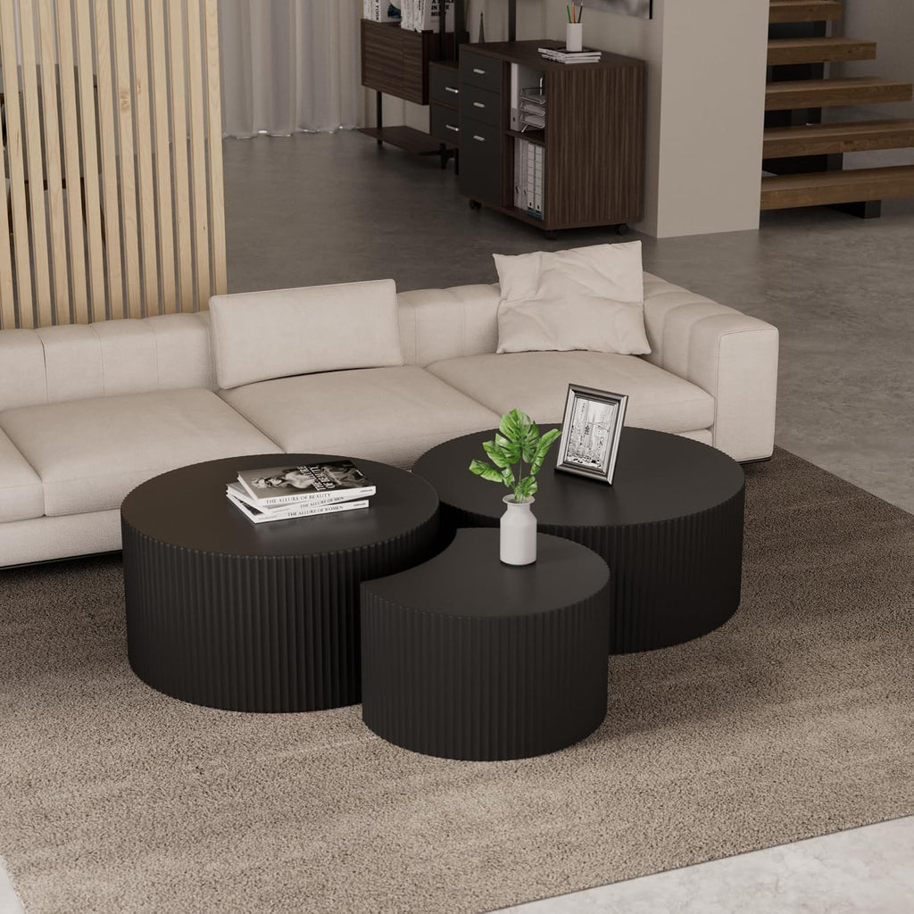 Black Round Coffee Table Set of 3 Modern Drum Circle Nesting Coffee Tables for Living Room, Contemporary Wood Fluted Embossed Round+Small Crescent Coffee Table, No Assembly, Black (3-Pcs)