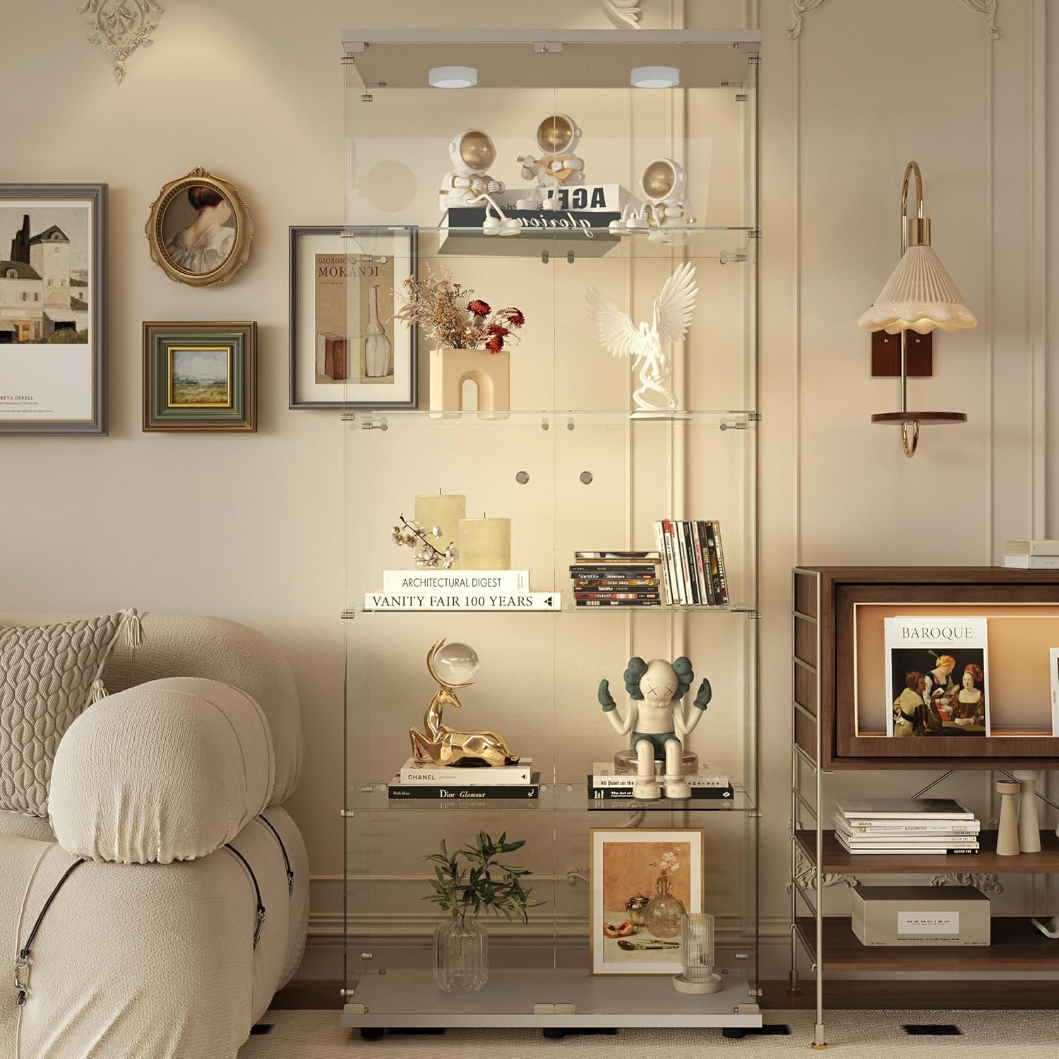64.69' Tall Tempered Glass Display Cabinet with LED Lights, Curio Cabinet with 5 Shelves with 2 Door, Quick-Install Style Floor Standing Bookshelf File Cabinet for Living Room Office