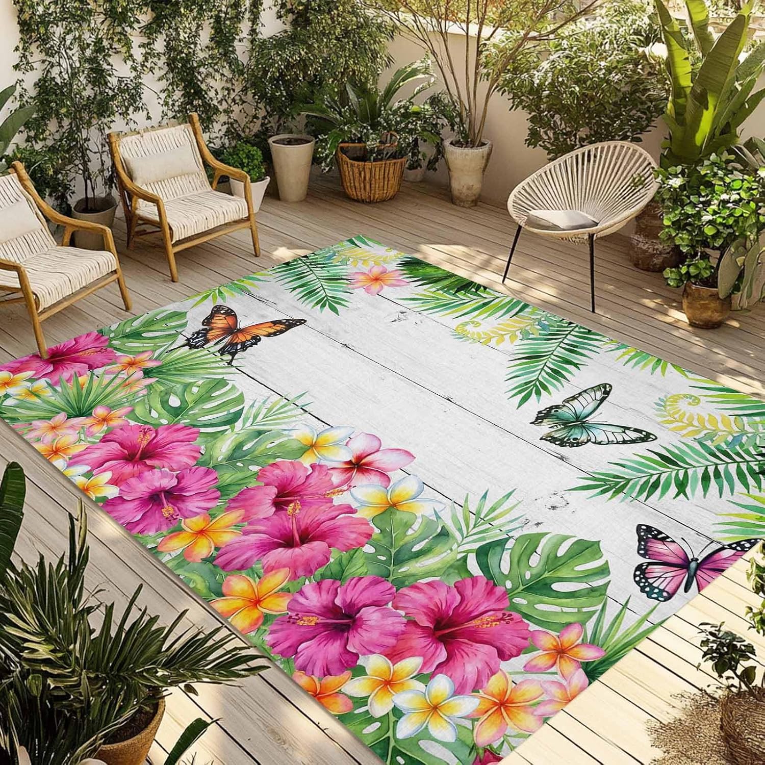Outdoor Rug 6x9ft Burmese Gardenia Flower Butterflies Patio Area Rugs Waterproof Easy Cleaning Non Shedding Thick Mats Purple Floral Art Carpet for Indoor Outdoor Porch Deck Backyard Balcony
