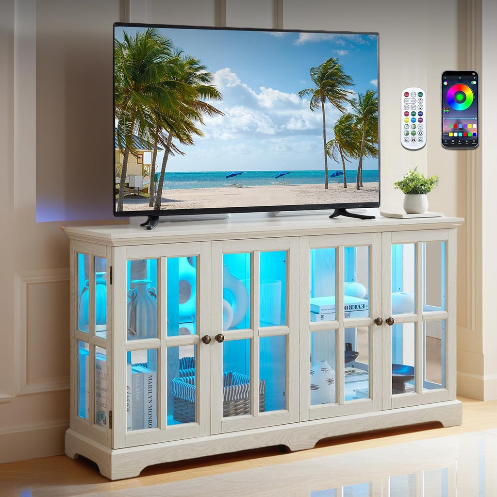 59' W LED Curio Cabinet with 7 Color Lights, Vintage Glass Display Case with Glass Doors, Smartphone-Controlled, Short Wooden China Cabinet with Adjustable Shelves for Living Room, Entryway (White)