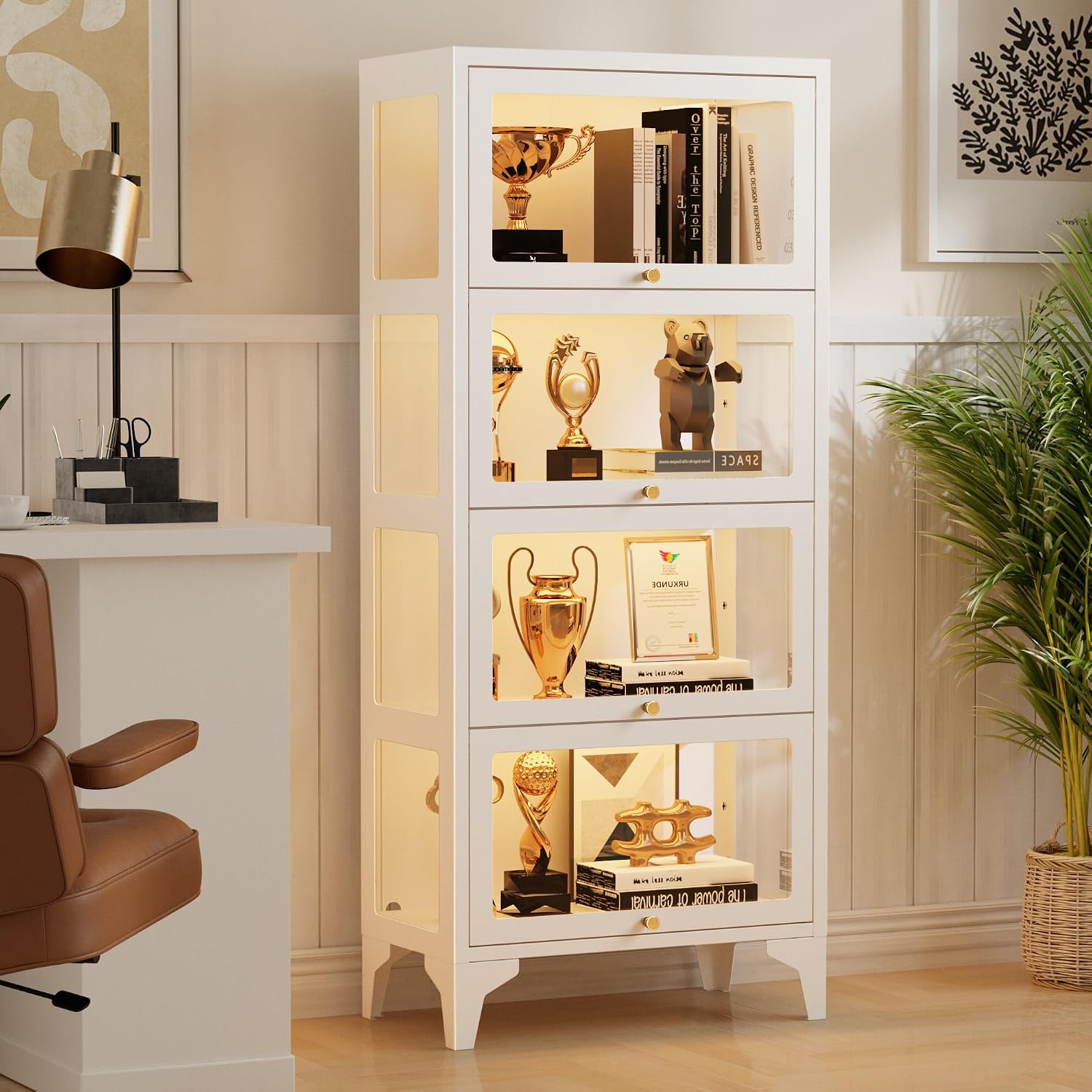 Lucky Monet 4 Tier Curio Display Cabinet with 13-Color LED Lights & Flip-Up Glass Doors, 3-Side Glass Lighted Display Case for Collectibles, Figures, Books, 55' Metal Storage Cabinet, White