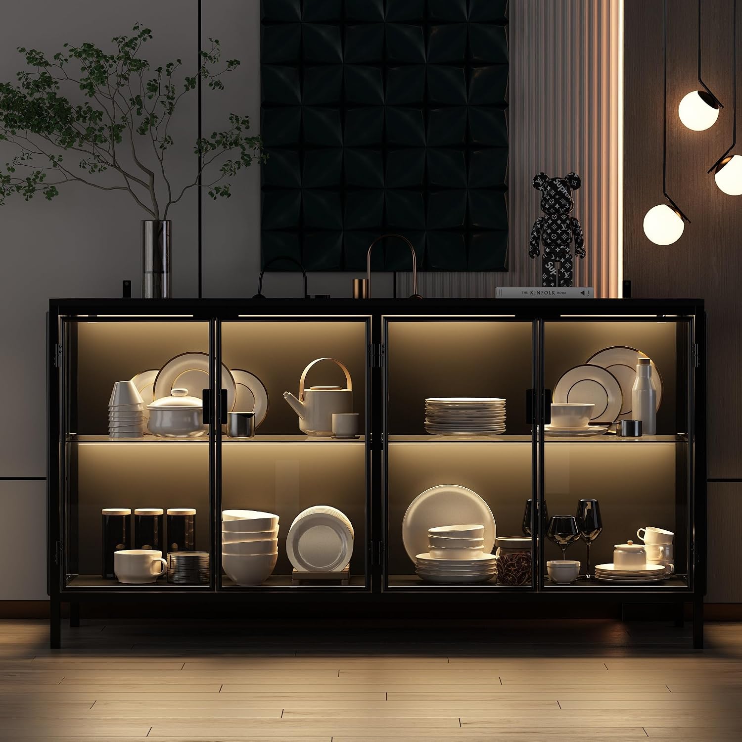 Sideboard Display Cabinet with Lights & 4 Glass Doors, Buffet Sideboard with Glass Shelf, Buffet Storage Cabinet for Living Room Kitchen, Black, 15.7'D x 55.1'W x 29.5'H