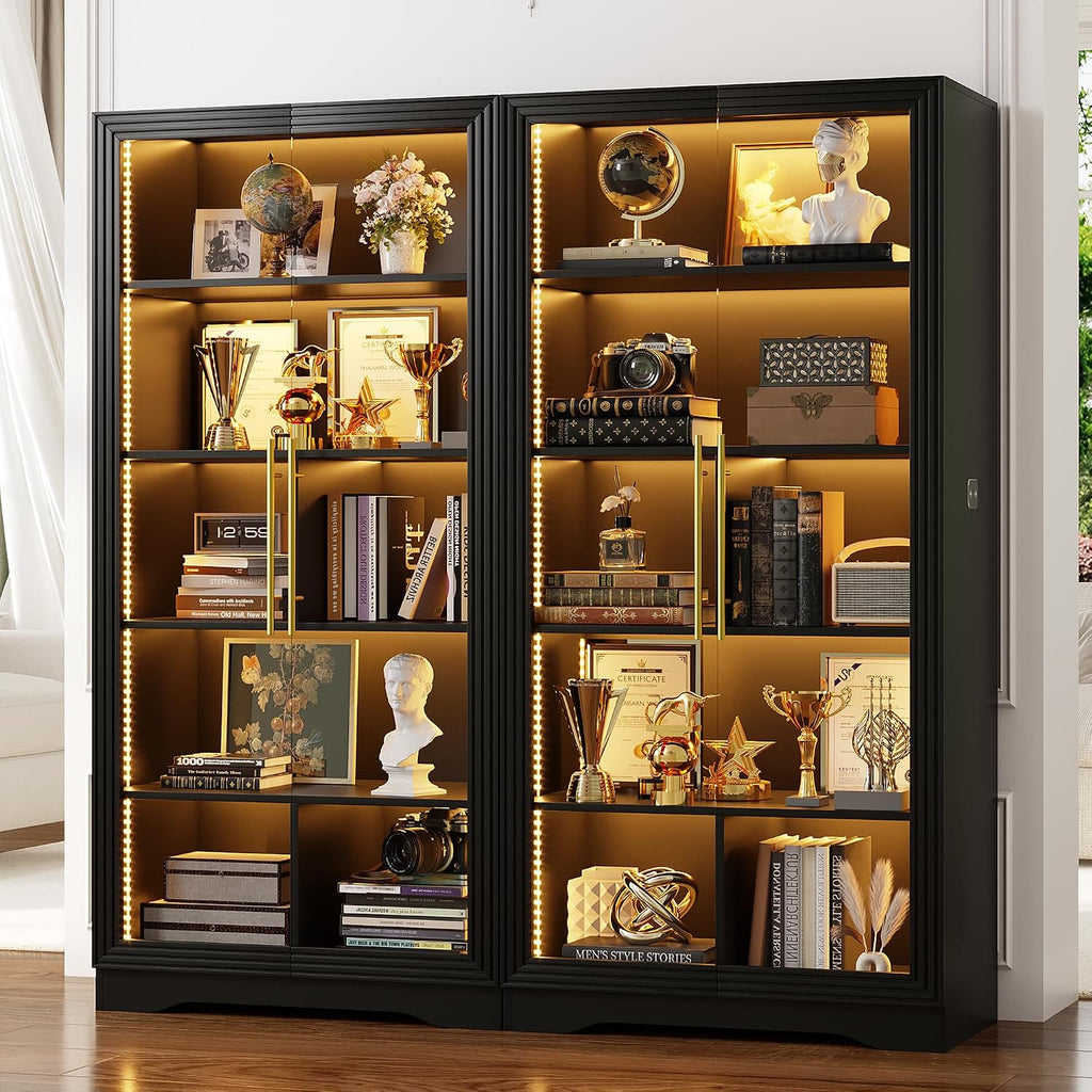 LVSOMT Display Cabinet with Glass Doors and Adjustable Shelves, 65' Tall Bookcase with LED Lights and Human Sensor, 5 Tier Display Case for Collectibles with Storage, Home Office Living Room, Black