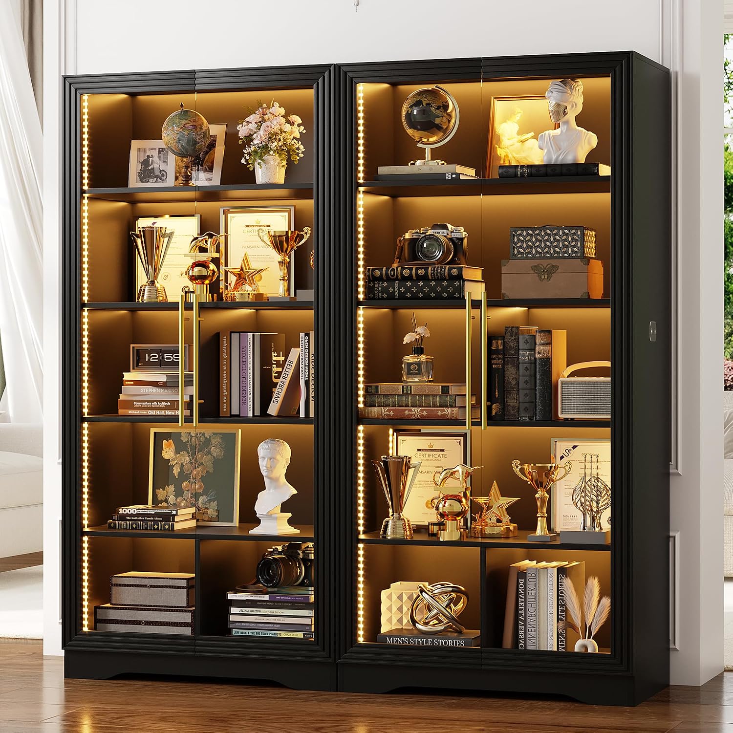 LVSOMT Display Cabinet with Glass Doors and Adjustable Shelves, 65' Tall Bookcase with LED Lights and Human Sensor, 5 Tier Display Case for Collectibles with Storage, Home Office Living Room, Black